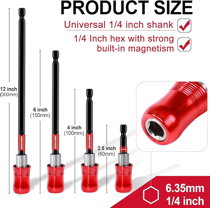 4PCS Impact Screwdriver Bit Holder Set, Magnetic Extension Quick-Change Socket Drill Bit Holder Cr-V SteelHex Shank Quick Release Drill Bit Guide (2.5” 4” 6” 12”)