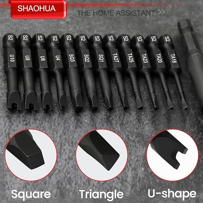 13PCS Screwdriver Bit Set, Triangle Screwdriver Set TA18-27, Square Drive Bits #1,2,3, Spanner Bit #4,6,8,10 with 1/4" Bit Holder, S2 Steel Hex Head Drill Bit Set, 1/4 Hex Impact Bit Set