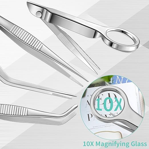8 Pcs Tweezers Set Stainless Steel Tweezers Forceps with Magnifying Glass Straight Fine Point Forceps Curved Round Flat Tip Tweezers 9 Holes Straight Curved Tip Tweezers for Beauty Craft (Simple)