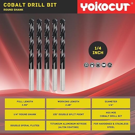 1/4 Inch Cobalt Drill Bit Set 5PCS | High Speed Steel | Drill Bit for Stainless Steel and Hardened Metal | HSS M35 Titanium Aluminum Nitride Coating