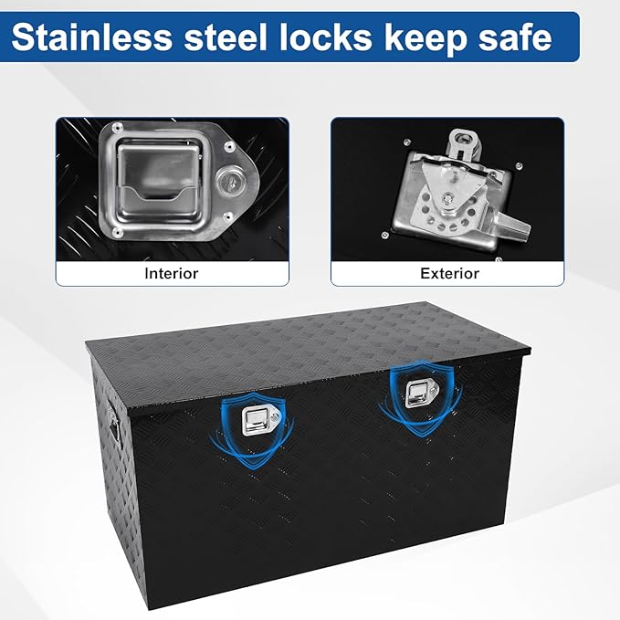 confote 48 Inch Heavy Duty Aluminum Stripes Plated Tool Box Pick Up Truck Bed RV Trailer Toolbox Waterproof Square Storage Organizer with Side Handle, Lock and Keys -48"x 24"x 24"，Black