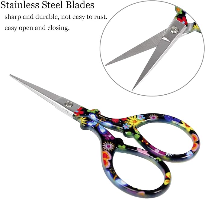 BIHRTC 3.6 Inch Scissors Small Embroidery Sharp Stainless steel Pointed Scissors Cross Stitch DIY Tool for Sewing Craft Needwork Needpoint Artwork Black Flower Scissor