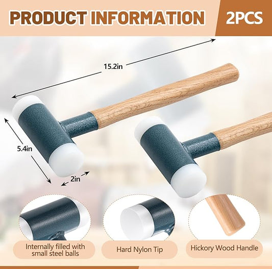 Lothee 2 Pcs Dead Blow Hammer, Mallet with Hard Nylon Tip and Hickory Wood Handle 2.4lb Soft Face Hammer with Strike Guard, 50 mm Dia. for Automotive Work, Woodworking and DIY Enthusiasts