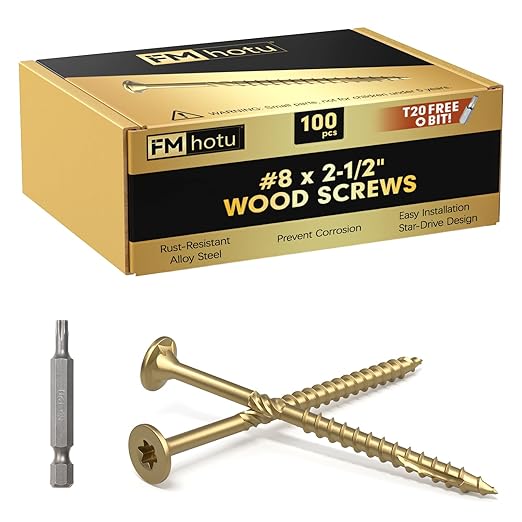#8 x 2-1/2” Deck Screws, 100Pcs Star Drive Wood Screws, Rust Resistant Timber Screws for Timber/Log/Landscaping Wood, T20 Star Bit Included, Gold