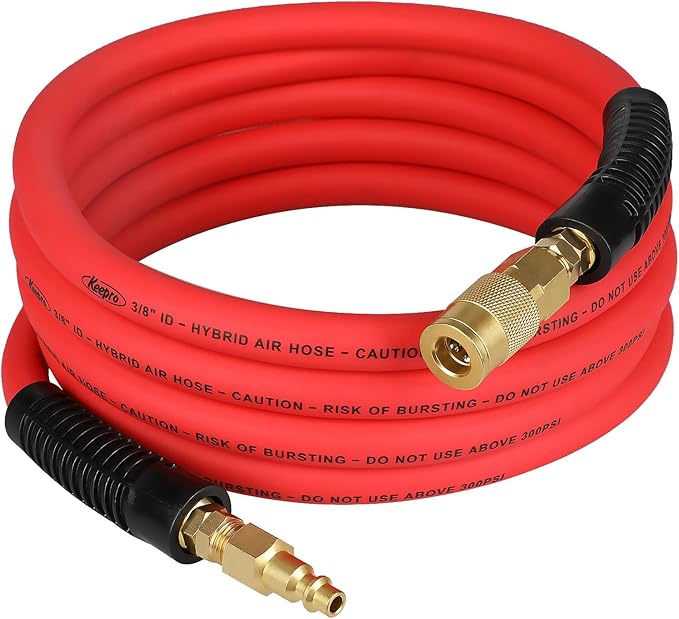 Keepro Hybrid Air Hose, Flexible 3/8 Inch ID x 10 Feet Long Lead-in Short Air Compressor Hose with Swivel Solid Brass 1/4" Industrail Quick Coupler and Plug, 300 PSI Maximum Pressure, Red