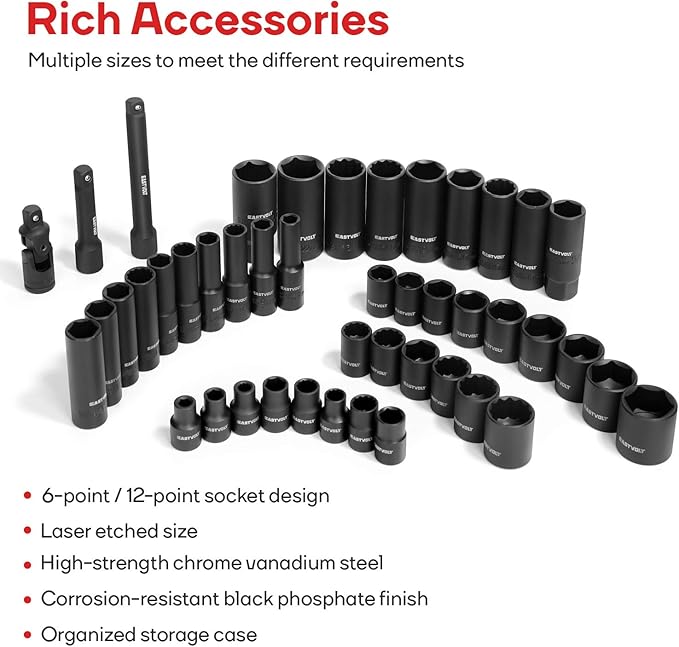 Eastvolt 46 Pieces Drive Socket Ratchet Wrench Set, Mechanic Tool Kits with 72 Teeth Reversible Ratchet, Extension Bar Set and Storage Case, Metric/SAE