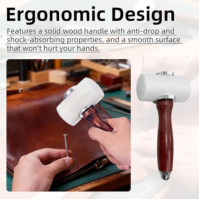 Leather Carving Hammer Mallet Wood Handle - 2PCS Set (Hammer + Compass), Durable, Easy Grip, Ideal for Leathercraft/DIY Stamping, Perfect for Leather Enthusiasts/DIY Crafters