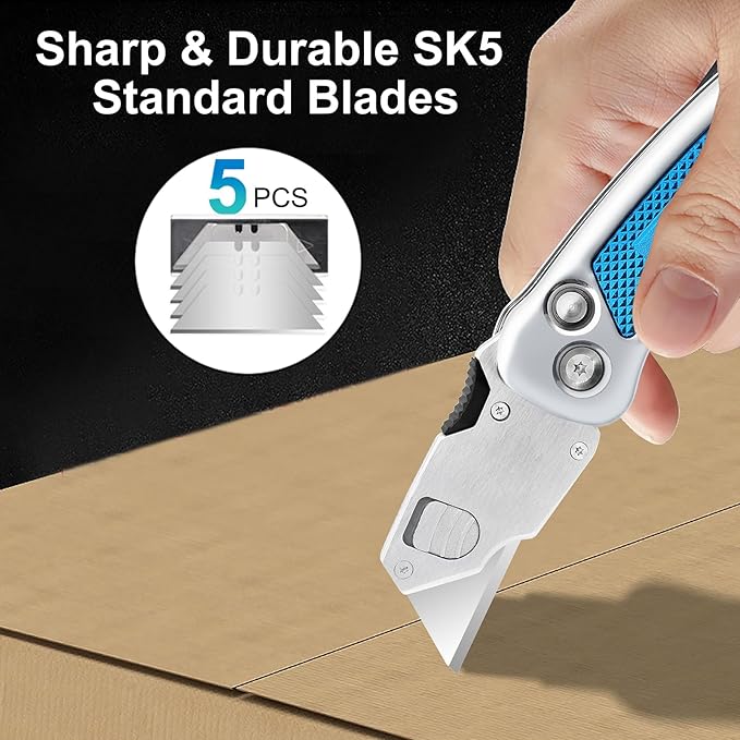 Vickay Box Cutter, Utility Knife with Clip, Stainless Steel Body Handle, Quick-change Blade and Safety Axis Lock, Razor Knife, Cardboard Cutter with Extra 5PC SK5 Blades (Blue)