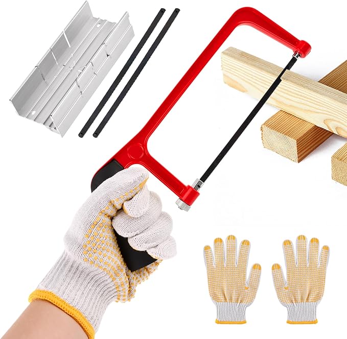 Mini Metal Mitre Box and Saw Set, 6 Inch Extra Fine Cut Hand Saw with 2 Hacksaw Replacement Blades & Gloves for Crafts, Hobby Projects, Cutting Wood, Soft Metal (Red)