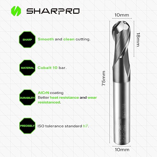Carbide Ball Nose End Mills Set 2 Flute 10mm SHK. 10mm Cutting Dia. 3D Carving, High-Speed and Deep Cutting, AlCrN Coated, Apply for Alloy Steel, Stainless Steel and Various Cast Iron. (5PCS)