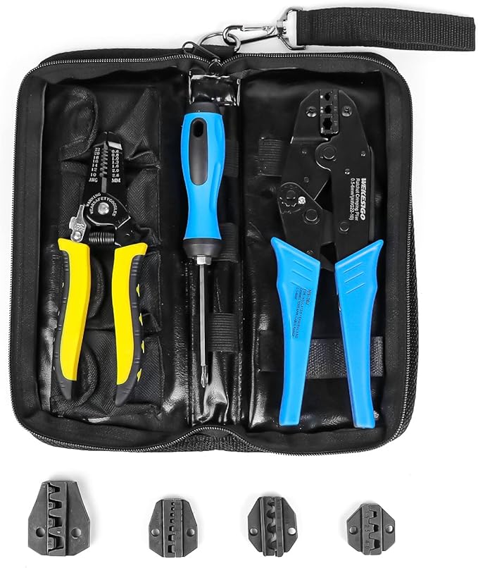 Ratchet Wire Crimping Tool kit Wire Crimper Set with 5pcs Interchangeable Jaws,Wire Stripper&Cutter for Insulated and Non-Insulated Terminals, Ferrules, Heat Shrink,Open Barrel Terminals 0.5-35mm 짼