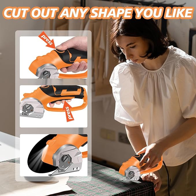 Cordless Electric Scissors, 4V Rechargeable Box Cutter & Cardboard Cutter with LED Light, Safety Lock - Rotary Cutter for Fabric, Leather, Carpet, Plastic, Crafting, Sewing with Storage Box (Orange)