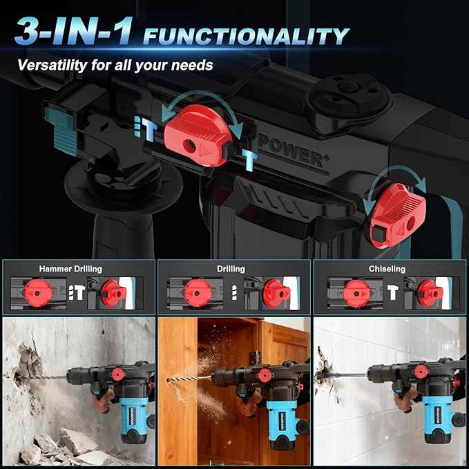 1-1/4" SDS-Plus Rotary Hammer Drill, 12.5 Amp Heavy Duty Rotary Hammer, 3 Functions with Safety Clutch, 6 Speed, Corded Rotomartillo for Concrete, Drill Bits, Flat/Point Chisels Included