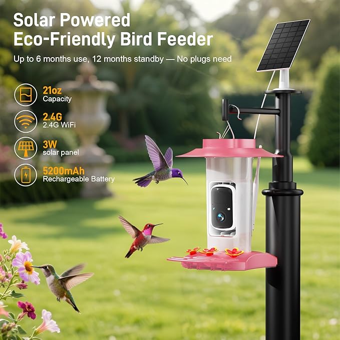 Hummingbird Feeder with Camera Outdoor, SV3C Hanging Bird Feeder with Ant Moat & Bee-Proof, HD 2K Solar Powered, AI Bird Identify, Instant App Alerts, Auto Capture, Hummingbird Lover Gifts, 21oz, Pink