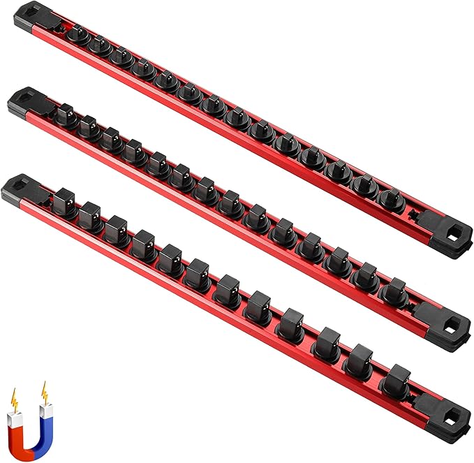 ALOANES 3-Piece Magnetic Socket Organizer, Heavy Duty Aluminum Socket Rails Organizer, 360째 Swivel Clips Socket Rail Set For Sockets Storage, 1/2, 3/8, 1/4-Inch Socket Holder x 40 Clips (Red)