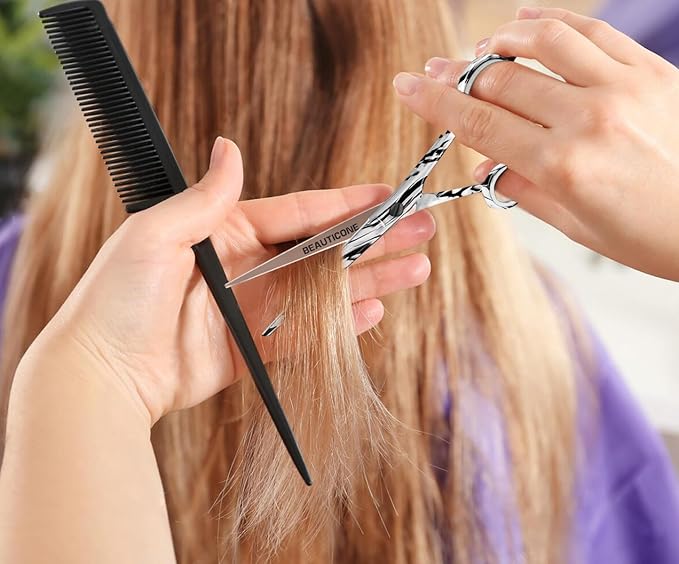 BEAUTICONE 짰 Hair Cutting Scissors - High Carbon SS 6.5" Professional Barber-Grade Salon Shears with Serrated & Razor Edge - Black Premium Gift Box with Leather Pouch & Extra Accs - Ultra Lightweight