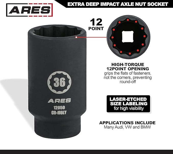 ARES 12050-36MM Axle Nut Socket - 12 Point Socket - Extra Deep 1/2-Inch Drive Impact Socket for Easy Removal of Axle Shaft Nuts