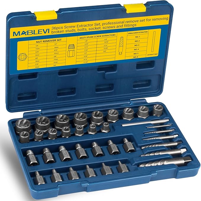 MABLEVI 36 Pcs Upgrade Screw Extractor Set, 3/8??Drive Multi-Spline Easy Out Bolt Extractor Set, Stripped Screw Removal Tool Kit for Removing Nuts Bolts with Solid Storage Case