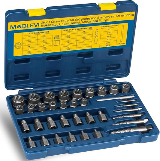 MABLEVI 36 Pcs Upgrade Screw Extractor Set, 3/8??Drive Multi-Spline Easy Out Bolt Extractor Set, Stripped Screw Removal Tool Kit for Removing Nuts Bolts with Solid Storage Case