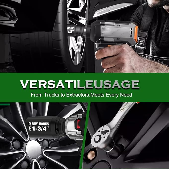 1/2" Drive Impact Socket Set, 9-Piece Standard SAE Deep Axle Nut Sockets, 6-Point, Cr-Mo,1-1/4竊?-3/8竊?-7/16竊?-1/2竊?-9/16竊?-5/8竊?-11/16竊?-3/4, Impact Socket Adapter (3/4" x 1/2")