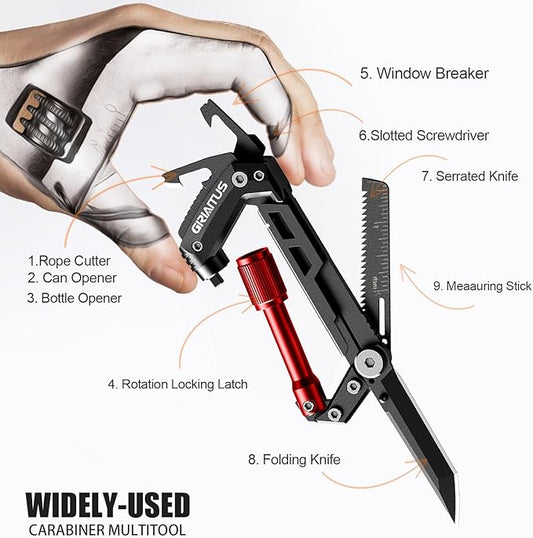 Carabiner Multitool with Pocket Knives, EDC Carabiners, Serrated Knife, Rope Cutter, Screwdriver, Can Bottle Opener, Ruler, Keychain Knife for Camping Hiking, Gifts for Women (Red)