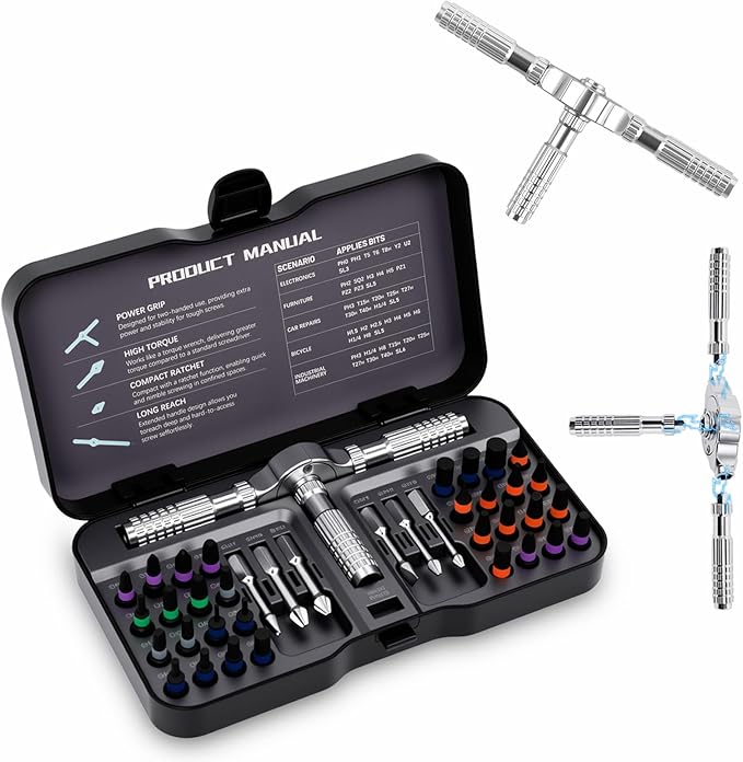 40-in-1 Magnetic Ratchet Screwdriver Set with Detachable T-Handle, Dual-Direction Gear, Magnetic Booster, Extended Grip & Storage Box for Home DIY, Small Appliances& General Repairs