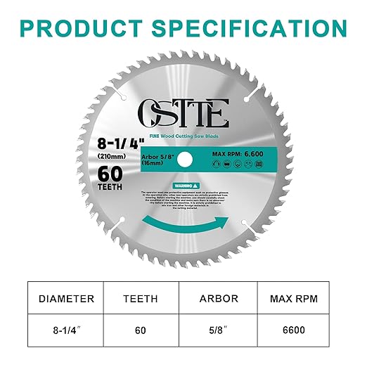 8-1/4 Inch Circular Saw Blade 60T, 5/8 Inch Arbor, Alternate Top Bevel Saw Blades for Cutting Wood, 1 Pack