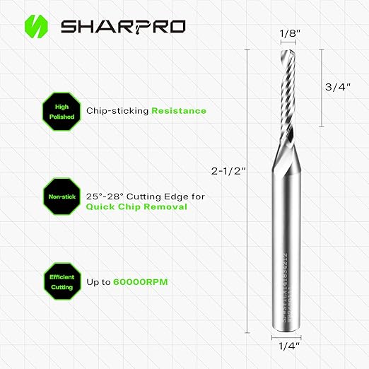 1/4 Inch Shank Single Flute (O Flute) Cutter Carbide Spiral Router 1/8 Inch Cutting Diameter Carbide Single Flute CNC Router Bit, Ideal for Aluminum, Plastic, Acrylic, Wood, MDF and PVC (3PCS)