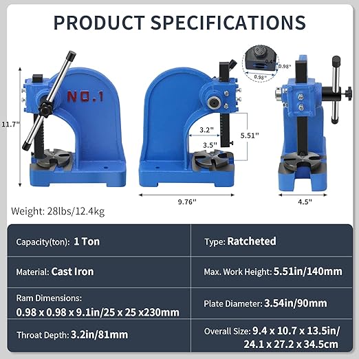 1 Ton Manual Arbor Press,5.5" Maximum Height Heavy Duty Cast Iron Desktop Punch Press Machine, for Riveting Punching Holes