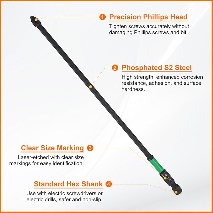HARFINGTON 3pcs #2 Impact Phillips Screwdriver Bit PH2 1/4" Hex Shank 8" (200mm) Long 0.16" Rod Magnetic Cross Head Drill Bits S2 Steel Industrial Screw Driver for Impact Power Drivers