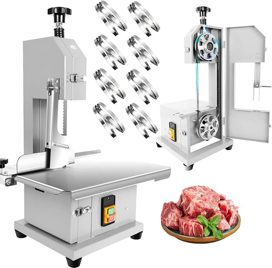 Commercial Electric Meat Bandsaw, 1500W Bone Meat Cutter Machine, Stainless Steel Workbench 19" x 14", 0.04-7.8 In Cutting Thickness, Frozen Meat Cutter with 8 Blades for Rib Pork Beef