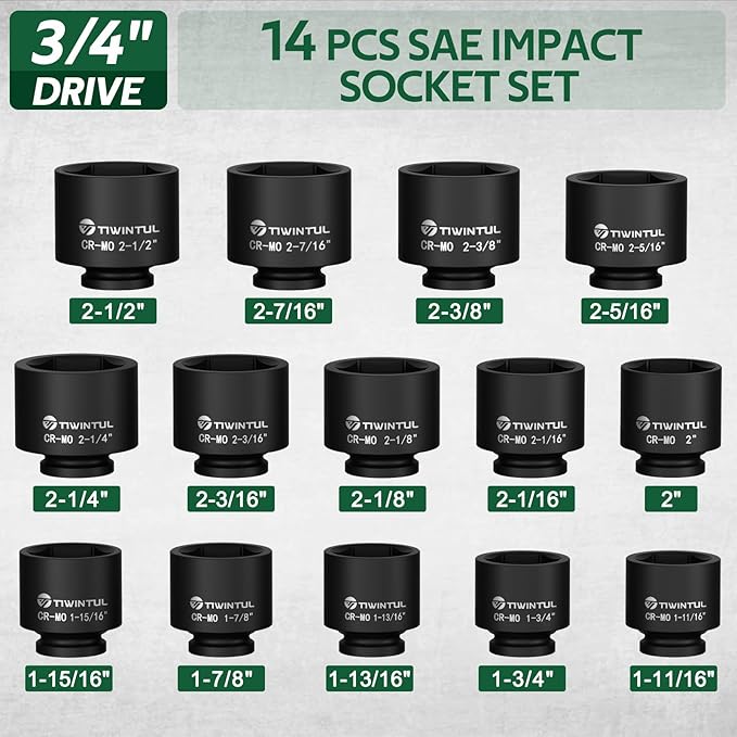 3/4??Drive Impact Socket Set, 14 Pieces Spindle Axle Nut Socket Set, SAE Sizes (1-11/16??to 2-1/2??, 6-Point, CR-MO Steel Large Impact Socket Set with Storage Case for Truck, Railroad, Bridge