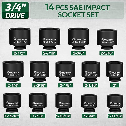 3/4??Drive Impact Socket Set, 14 Pieces Spindle Axle Nut Socket Set, SAE Sizes (1-11/16??to 2-1/2??, 6-Point, CR-MO Steel Large Impact Socket Set with Storage Case for Truck, Railroad, Bridge