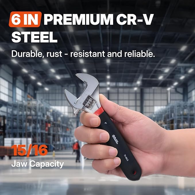 BLACK CANYON 6" Adjustable Wrench, 15/16" Jaw Capacity, Superior Cr-V Steel, Hex Jaw design, Smooth Jaw Adjustment, w/Comfort Grip, Fits home fixes, pipe installation, garage tasks