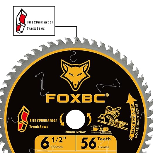 FOXBC 6-1/2 Inch Track Saw Blade 20mm Arbor 56T for Makita Plunge Saw Blade, DeWalt Track Saw, Wood Cutting, 165mm, Kerf 1.8mm