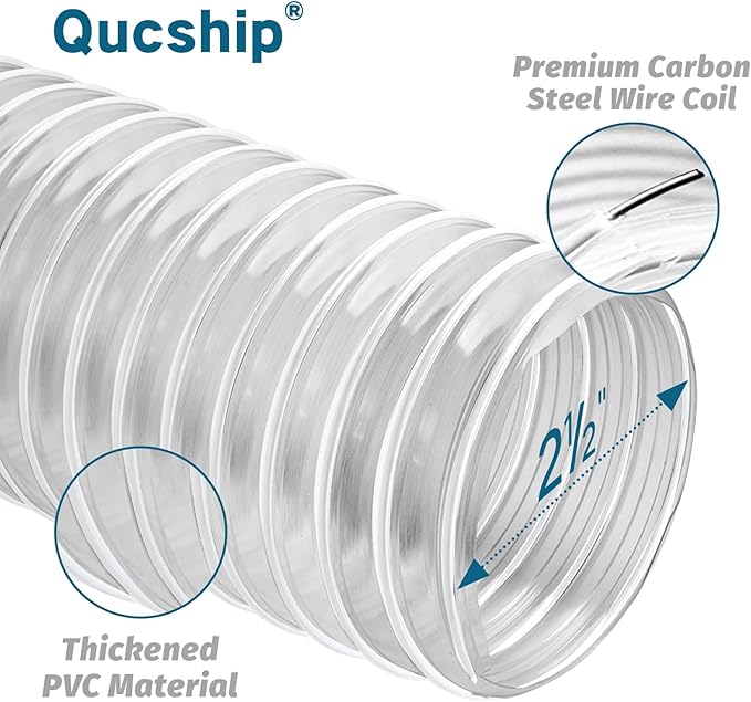 Heavy PVC Dust Collection Hose 2 1/2" x 20', Puncture Resistant PVC Dust Collection Hose with Carbon Steel Wire Coil for Woodworking, Workshops, Dust Collectors