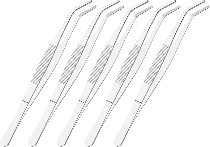 5 PCS 5.5 Inch Stainless Steel Tweezers, Curved Round Blunt Serrated Tip, Perfectly Aligned, 3/64 Inch Thickness Stainless Steel, Multipurpose Daily Garden Home Lab Craft Repairing Tool