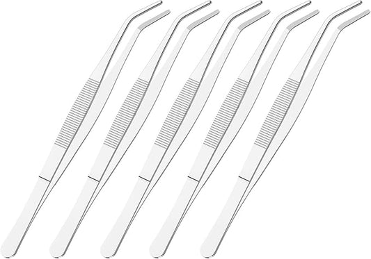 5 PCS 5.5 Inch Stainless Steel Tweezers, Curved Round Blunt Serrated Tip, Perfectly Aligned, 3/64 Inch Thickness Stainless Steel, Multipurpose Daily Garden Home Lab Craft Repairing Tool