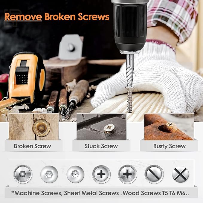 Screw Extractor Drill Bit Set,Chrome Molybdenum Alloy Steel Screw Remover for Removing Stripped Screws and Broken Bolts Ez Out Stripped Rounded-Off Damaged Bolts Screws&Studs Removal Tool