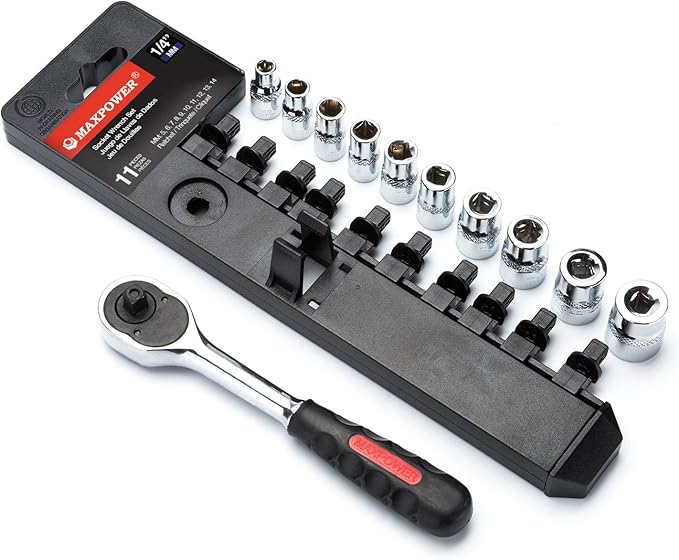 MAXPOWER 11-Piece 1/4-inch Ratcheting Socket Wrench Metric Set 5mm ??14mmQuick Release Reversible Ratchet Handle and Swappable with Hanging Rack
