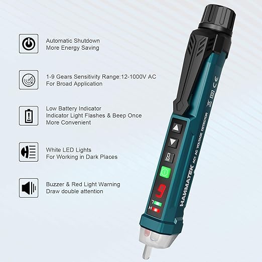 Non-Contact Voltage Tester with 9 Gear Adjustable Sensitivity Voltage Detector AC Circuit Tester Tool LCD Display LED Flashlight Buzzer Alarm Range12V-1000V & Live/Null Wire Judgment AC1