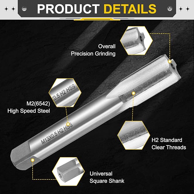 uxcell Hand Plug Tap M13 x 0.5 H2 Metric Thread Plug Style Taps Straight Flute Screw Tapping Threading Tool High Speed Steel HSS6542