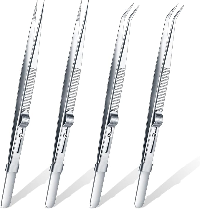 4 Pieces Precision Soldering Tweezer ESD Industrial Electronic Tweezers Tool Set Include Fine Point Tip Straight Tweezer and Locking Curved Tip Precision Tweezer for Jewelry Makeing Craft