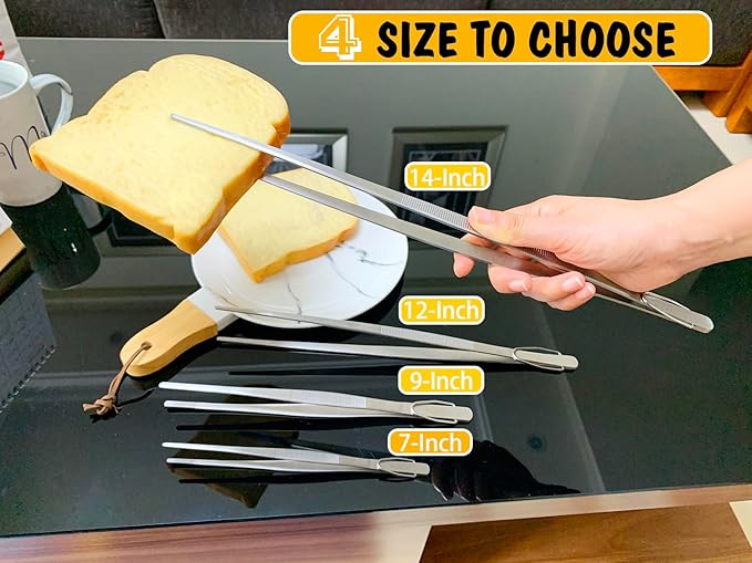 JETKONG 7 Inch Tweezers Tongs Mini Kitchen Food Tweezers Small Cooking Thin Tongs, Set of 3 (7 7 7 Inch, Silver)