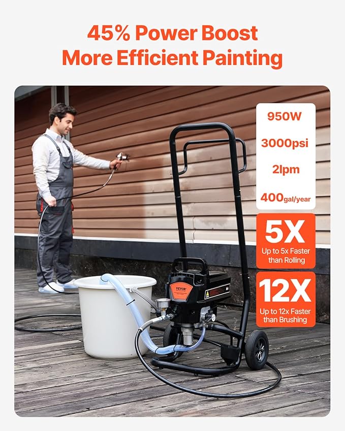VEVOR Stand Airless Paint Sprayer with Cart, 950W 3000PSI High Efficiency Electric Airless Sprayer, Fine and Even Painting Effect, Paint Sprayers for Home Interior and Exterior Furniture and Fences