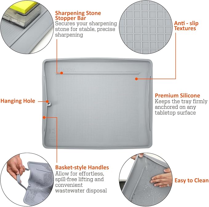 SHARPAL 149H Sharpen-No-Mess Silicone Sharpening Stone & Whetstone Tray, Knife Sharpener Mat with Anti-Slip Textures, Stopper Bar & Basket-Style Handles, 0.21 gal (800 mL) Water Storage, Easy to Clean