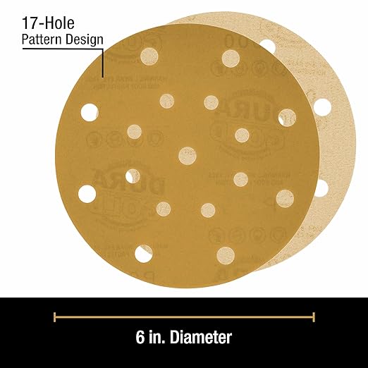 Dura-Gold Premium 6" Gold Sanding Discs -800 Grit (Box of 50) - 17 Hole Pattern Dustless Hook & Loop Backing Sandpaper for DA Sanders, Aluminum Oxide Abrasive - Sand Automotive Paint Woodworking Wood