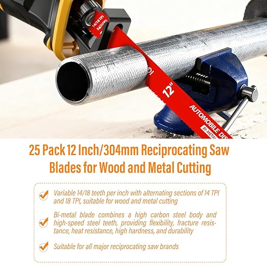 25 Pack 12 Inch 14/18 Tpi Reciprocating Saw Blades for Metal Cutting, Carbide Alloy Steel Sawzall Blades for Automobile Dismantling with 8% Cobalt for Longer Life and Faster Cutting Speed