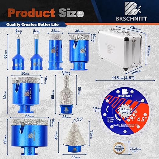 Diamond Core Drill Bit Set - BRSCHNITT Tile Hole Saw Kit 1/4" 5/16" 1" 1-3/8"2" 2-1/2" & 3/8"-1" Finger Bit & 1-3/8"Chamfer Bit for Porcelain Tile Ceramic Marble Granite Diamond Blade