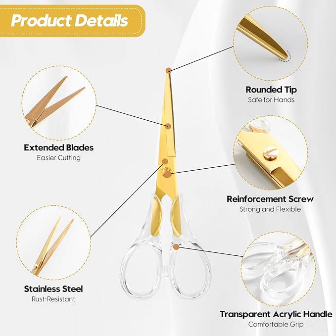 Honagu Acrylic Scissors 2-Pack 6.5", Multipurpose Stainless Steel, Sharp, Safe,Paper and Fabric Scissors for School, Office, Home, Sewing and Crafting (Rose Gold+Gold)